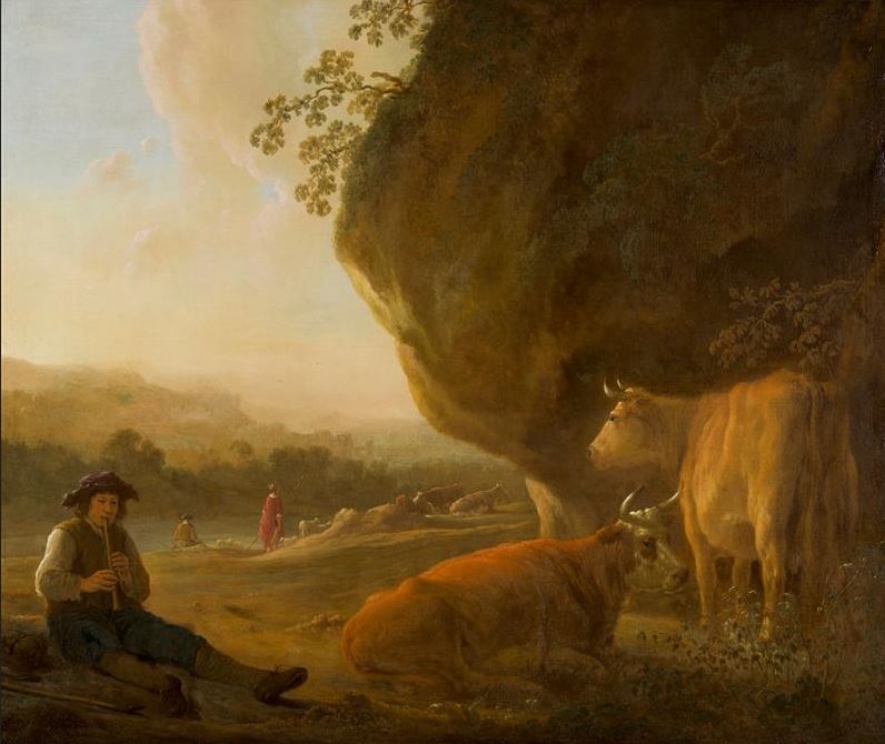 Aelbert Cuyp, landschap met fluitspelende herder en vee. Dordrechts museum