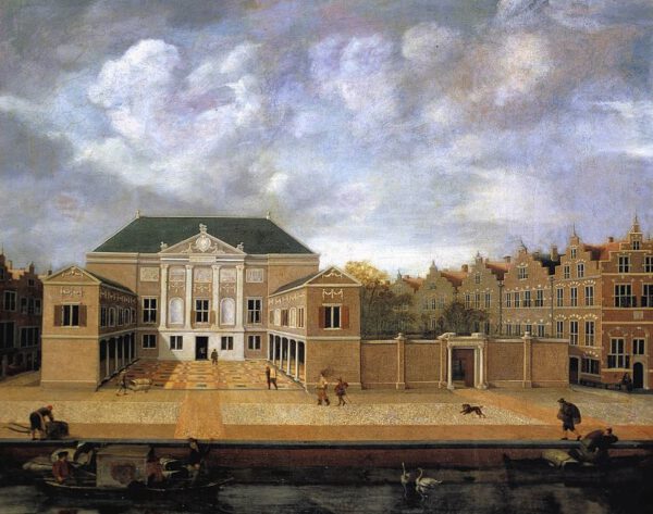 Gezicht op de Lakenhal in Leiden, schilderij